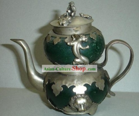 Chinese Ancient Lion Style Silver and Jade Kettle