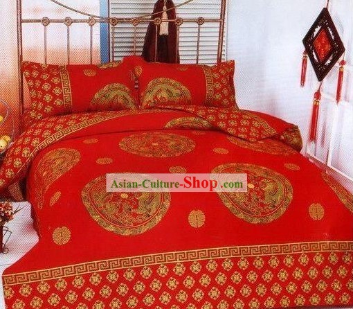 Chinese Stunning Cotton Wedding Set Folha de cama (quatro peças)-Dragon e Phoenix