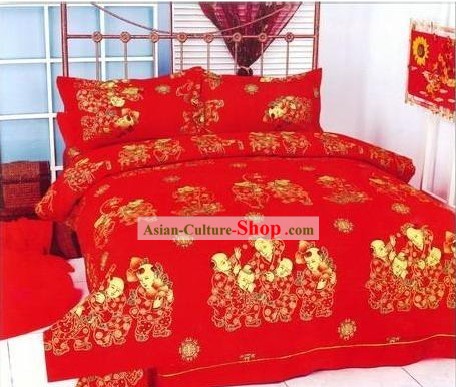 Clássica Chinesa de Algodão casamento Set Folha de cama (quatro peças), mais crianças, mais felicidade