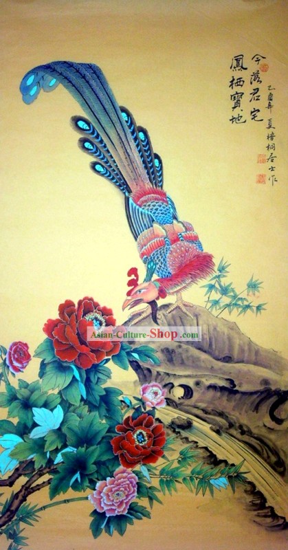 Pintura tradicional chinesa, com meticulosa Detail-Phoenix Landed