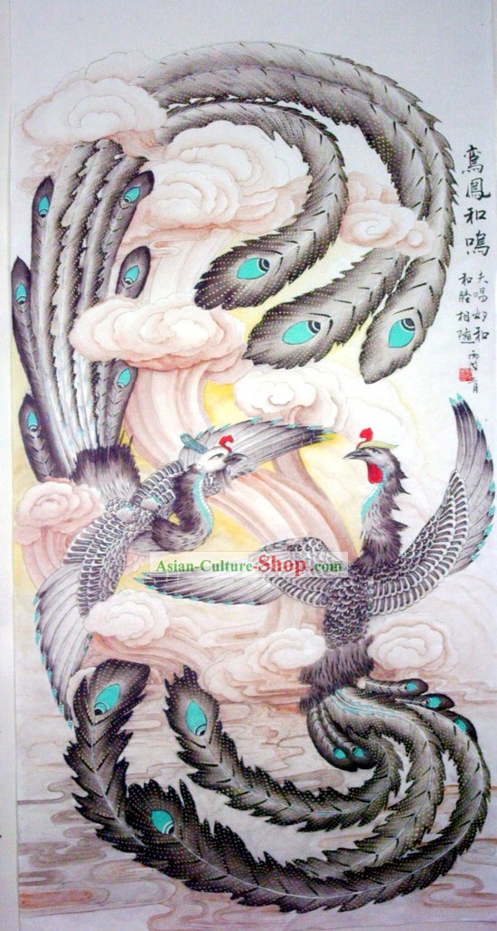 Pintura tradicional chinesa, com meticulosa Detail-Phoenix Landed