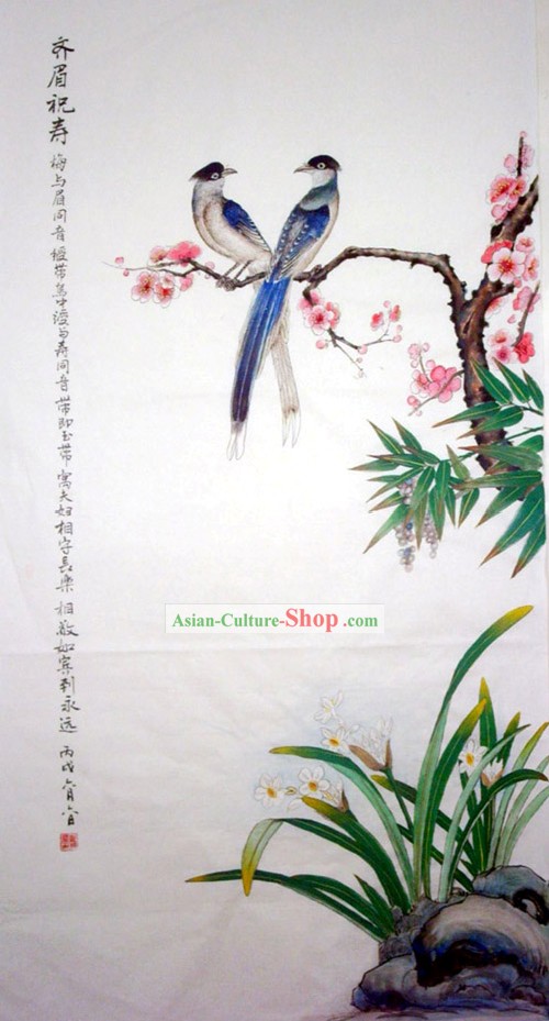 Pintura tradicional chinesa com meticuloso detalhe Thrush-