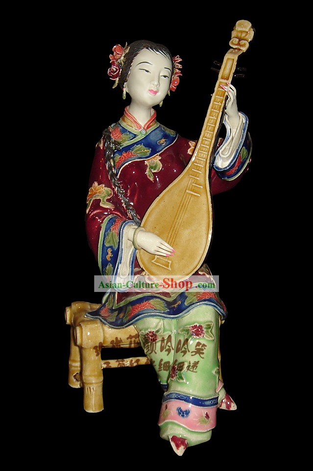 Chinese Stunning Colourful Porcelain Collectibles-Ancient Maiden Playing Lute