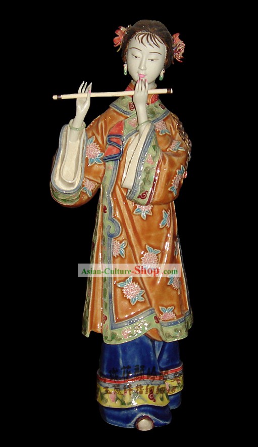 Chinese Stunning Colourful Porcelain Collectibles-Ancient Beauty Playing Xiao