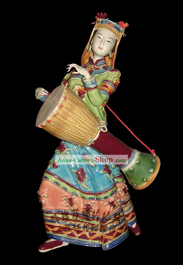 Stunning chineses de porcelana colorida Mulher Minority Collectibles-Antiga tocando tambor