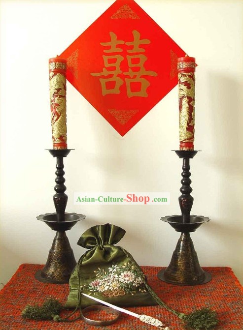 Couple Castiçal chinês clássico do casamento (com o Dragon e Velas Phoenix Xi)