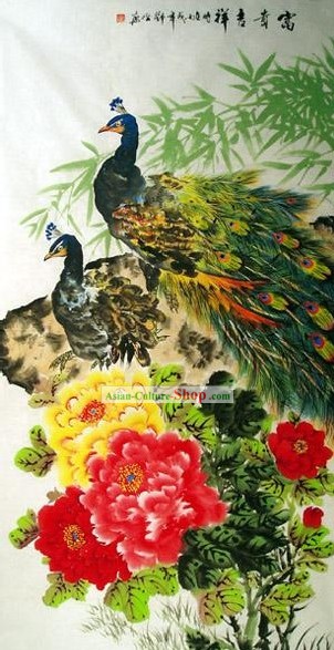 Mão chinês pintado pintura por Qin Xia-Peacock Amor