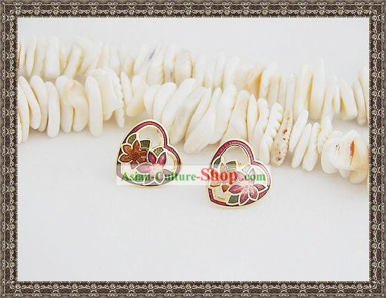 Chinese Classic Cloisonne Ear Studs-Heart Flower