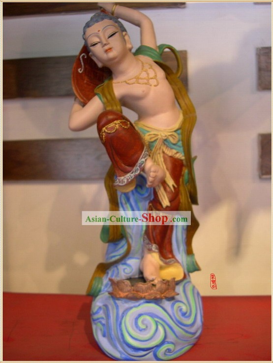 Chinese Dunhuang Painted Escultura Petrogram Lute Playing Artesanato Bodhisattva-