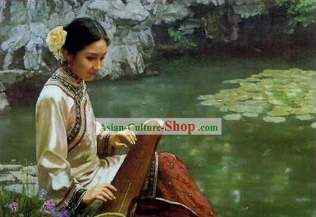 Chinese Oil Painting-Ancient Woman Playing Koto