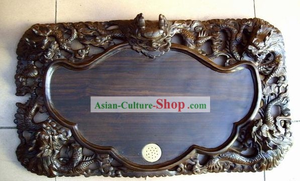 Chinese Hand Carved Natural Ebony Wood Tea Tray-Dragon Gathering