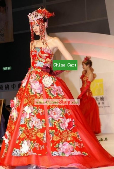 훌륭해 최고 중국어 럭키 레드 긴 웨딩 드레스를 주문 제작