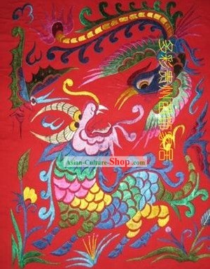 Chinese Miao Minority Silk Thread Hand Embroidery Art-Dragon and Phoenix