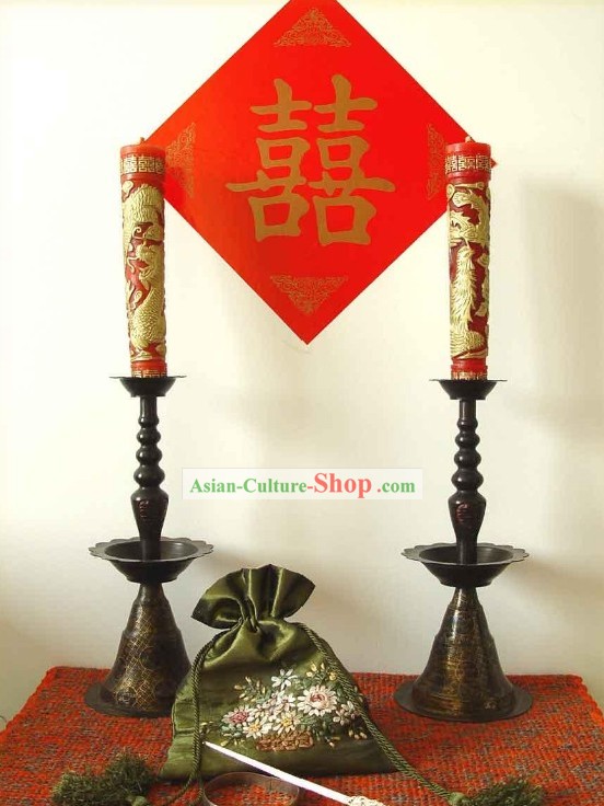Chinese Wedding Copper Candlestick e Velas Dragão Phoenix