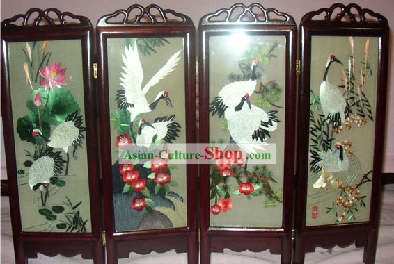 Chinese Double-Sided Embroidery Folding Screen Handicraft-Cranes