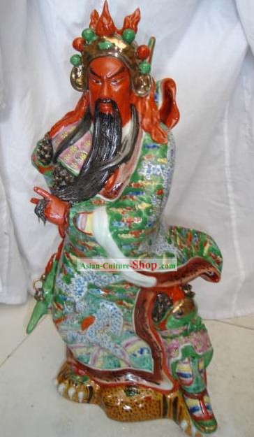 Chinese Jingde Colorful Ceramics Gwan Gong Statue