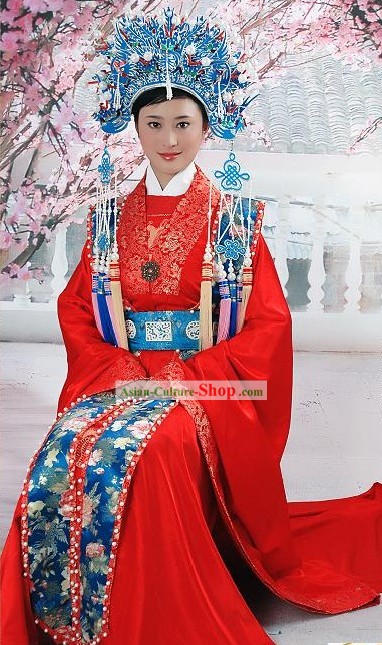 Supreme Chinese Traditional Red Wedding Dress and Phoenix Crown Complete Set