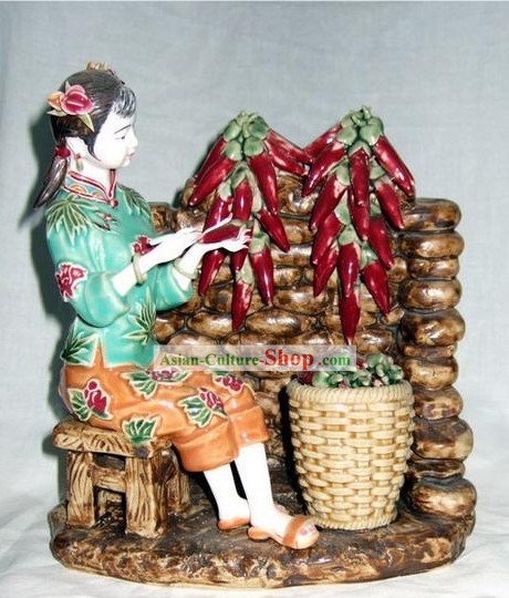 Chinese Classical Shiwan Statue - Lady and Hot Pepper