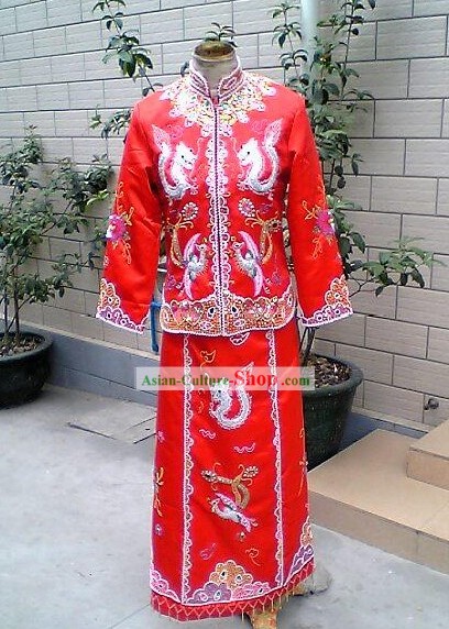 Chinese Traditional Lucky Red Phoenix and Dragon Wedding Dress Complete Set