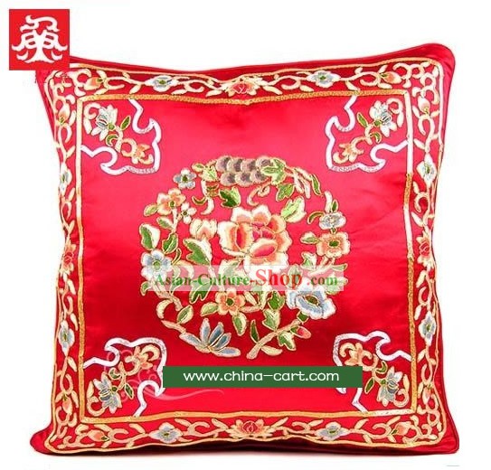 Lucky Red Hands Embroidered Flower Cushion Cover of Chinese Traditional Wedding