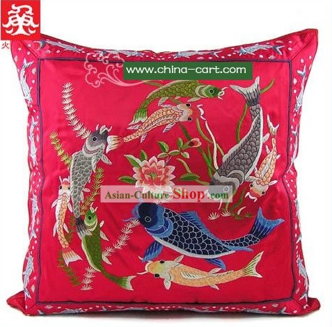 Lucky Red Hands Embroidered Fishes Cushion Cover of Chinese Traditional Wedding