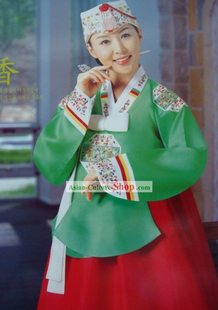 한국어 클래식 백퍼센트 수제 한복과 여성을위한 수놓은 (녹색)