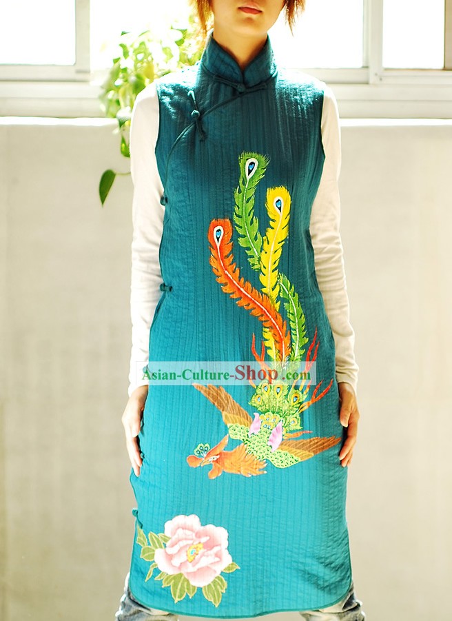 Classical Sky Blue Phoenix Tail Silk Cheongsam