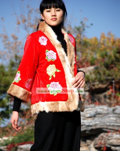 Chinese Traditional Mandarin Handmade Rabbit Fur Long Peony Blouse