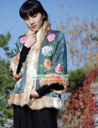 Chinese Traditional Mandarin Handmade Rabbit Fur Long Peony Blouse