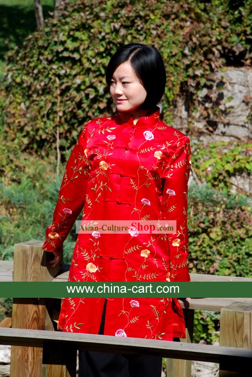 Chinese Traditional Lucky Red Handmade Flowery Blouse