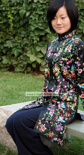 Chinês tradicional e artesanal Bordado Overcoat Silk Floral longo para as Mulheres