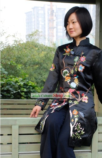 Pássaro chinês tradicional e artesanal Bordado e Overcoat Silk Flower longo para as Mulheres