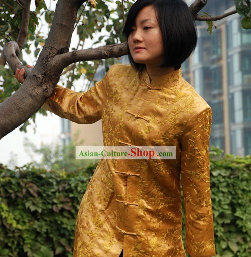 Impresionante chino a mano y bordado de oro abrigo de flores de seda largas para las mujeres