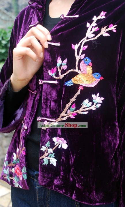 Chinese Overcoat Velvet Stunning Handmade e bordado Aves para as Mulheres