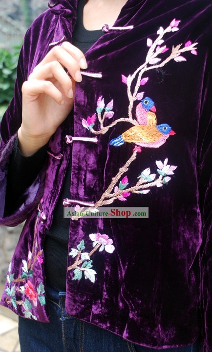 Chinese Stunning Handmade and Embroidered Birds Velvet Overcoat for Women