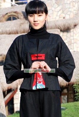 여성 중국어 번체 만다린 아이스 플라워 아마 블라우스