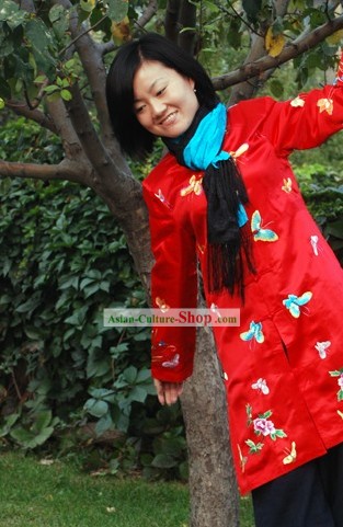 Clásica china Lucky Red mariposa a mano y bordado blusa de seda de la Mujer