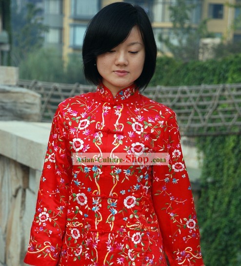 Clássica Chinesa afortunada blusa de seda vermelha bordada à mão e Floral para as Mulheres