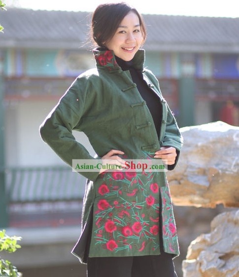 여성 중국어 클래식 수제 자수 민속과 플로랄 커튼 재킷