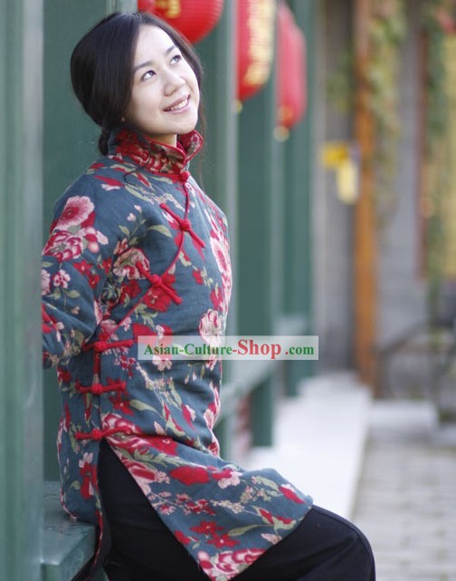 Clássica Chinesa Handmade Folk Jacket Algodão Floral longo para as Mulheres