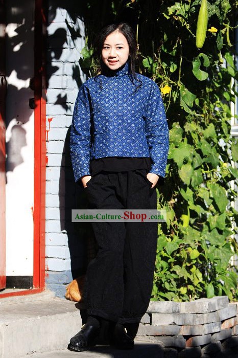 Tradicional China Popular blusa azul de algodón para mujeres
