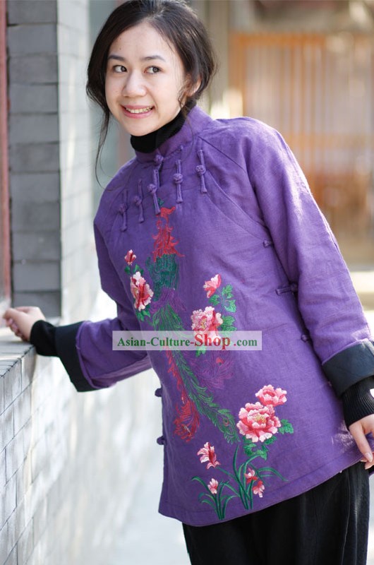 Chinese Traditional Handmade and Embroidered Phoenix Flax Overcoat for Women