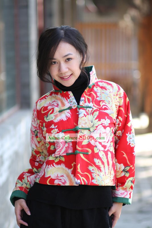 Clássica Chinesa afortunada Red Jacket Peony Handmade para as Mulheres