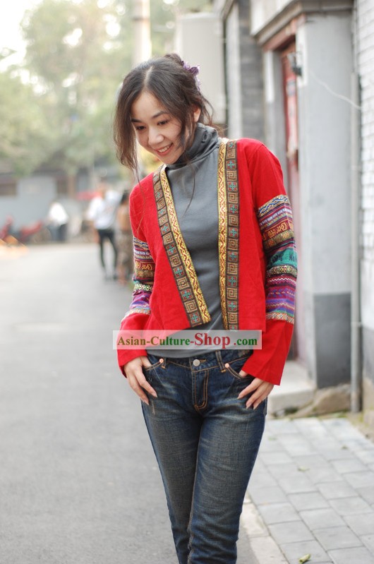 Tradicional Chinesa afortunada Red Folk Linho Blusa para as Mulheres