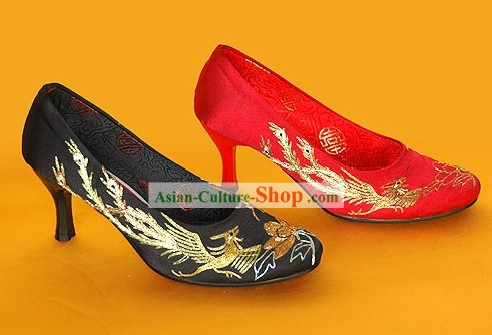Chinese Classical Handmade and Embroidered Dragon and Phoenix High Heel Wedding Shoes