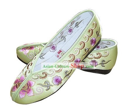 Chinês tradicional Handmade Princesa bordada sapatos de cetim (de flores diversas, amarelo claro)