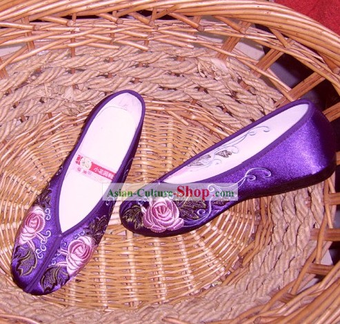 Chinês tradicional Handmade Princesa bordada sapatos de cetim (peônia, preto)