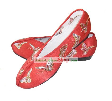 Chinês tradicional Handmade Shoes borboleta bordada cetim (vermelho)