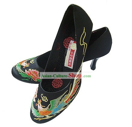 Clássica Chinesa artesanal e bordado do dragão e Phoenix alta Heel Shoes