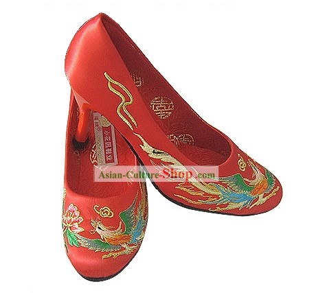 Clássica Chinesa artesanal e bordado do dragão e Phoenix sapatos de salto alto do casamento (vermelho)
